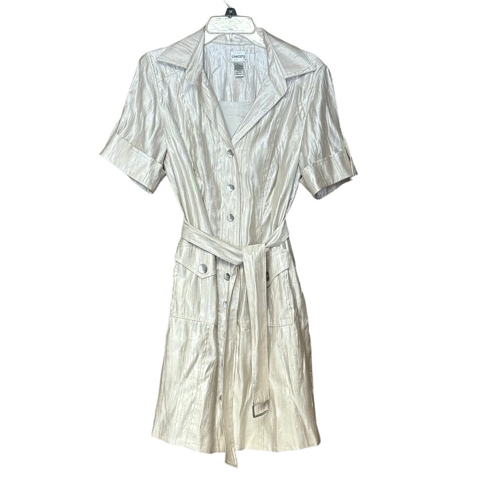 Chico’s short sleeve button front dress shiny chic pockets belted office size 10